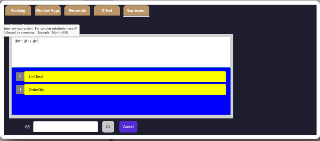 Expression editor with a free-form formula mapping placeholders to columns