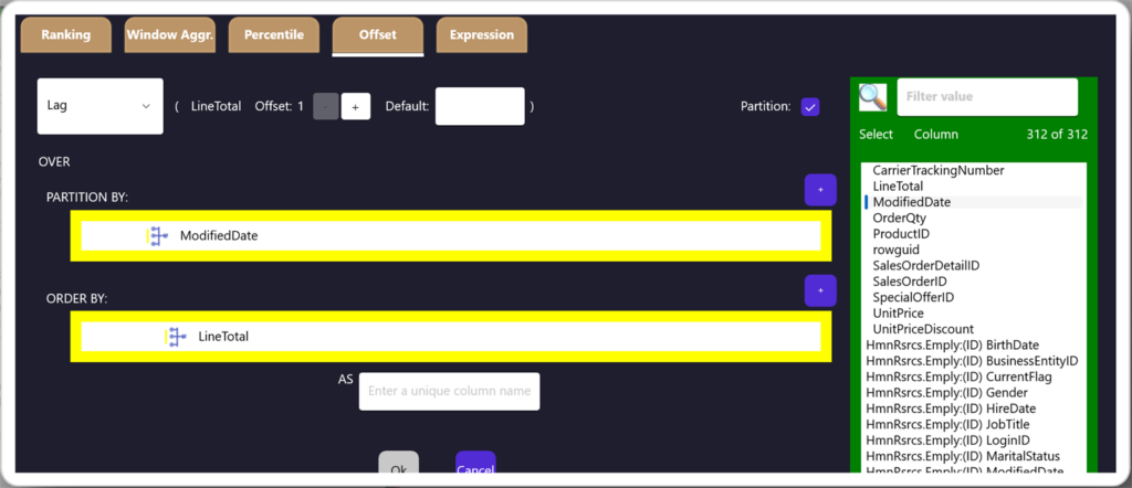 Offset editor building a LAG window function