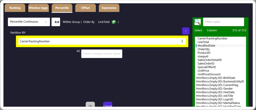 Percentile editor building PERCENTILE_CONT within an ordered group