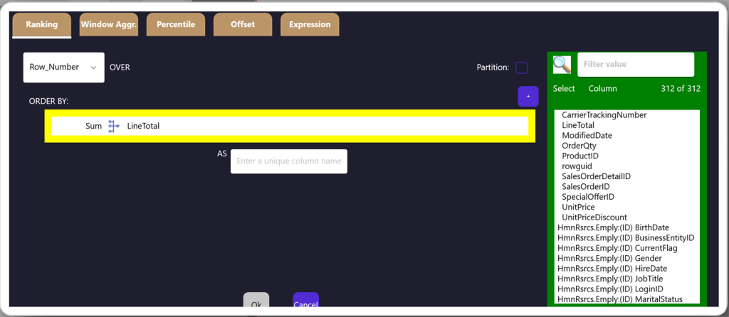 Ranking editor building a ROW_NUMBER window function