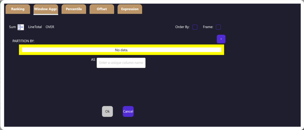 Window Aggregate editor building SUM OVER a partition