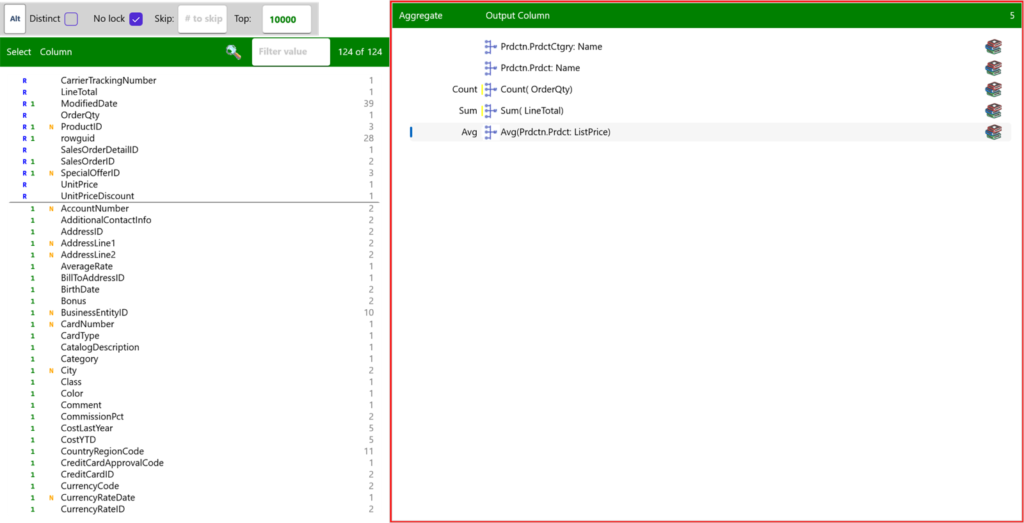 Select tab with output columns and Count, Sum and Avg aggregates