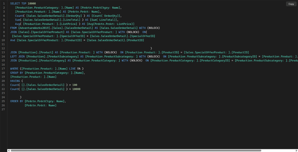 Generated SQL with joins, aggregates, GROUP BY, HAVING and ORDER BY