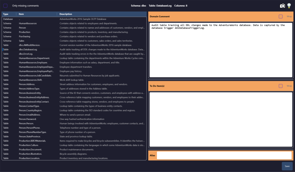 Comments workspace managing extended-property documentation