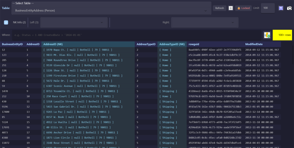 Table Editor browsing a table with FK navigation