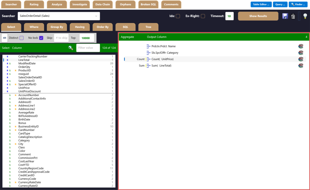 Searcher Select tab with output columns and aggregates
