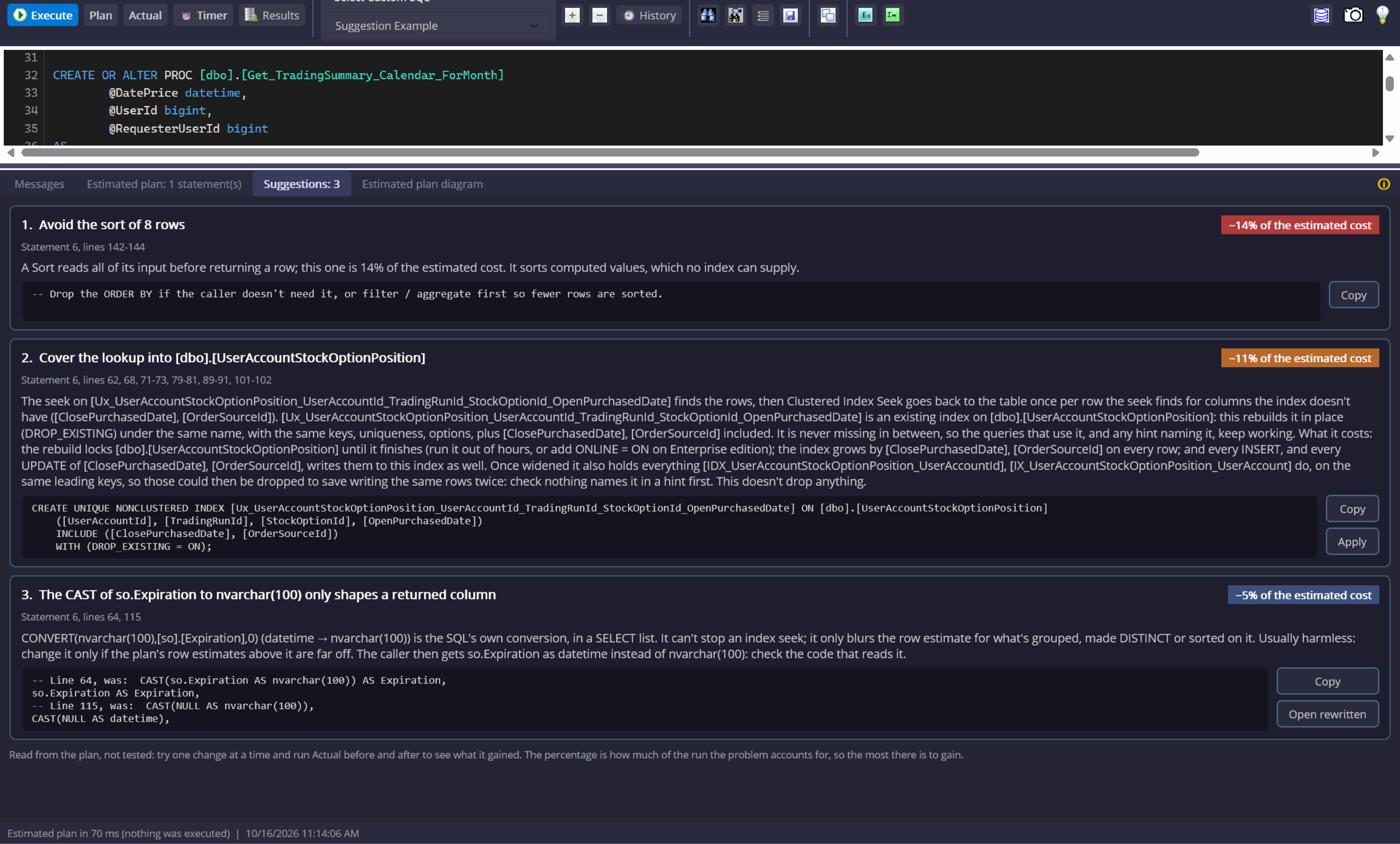 Detailed plan suggestion explaining an operator, affected statement, and reviewable rewrite
