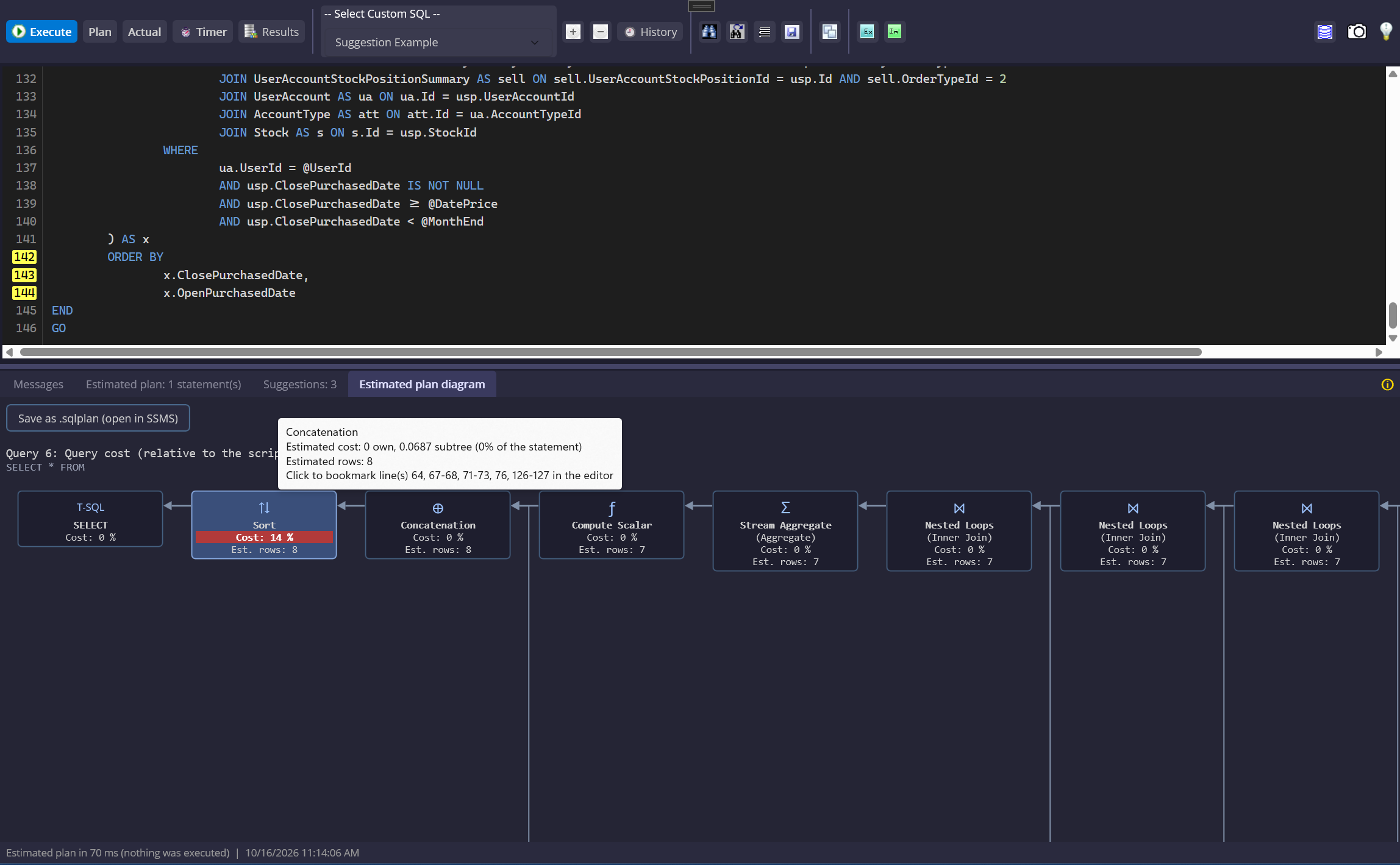 Query estimated execution plan diagram showing the Sort operator and relative cost