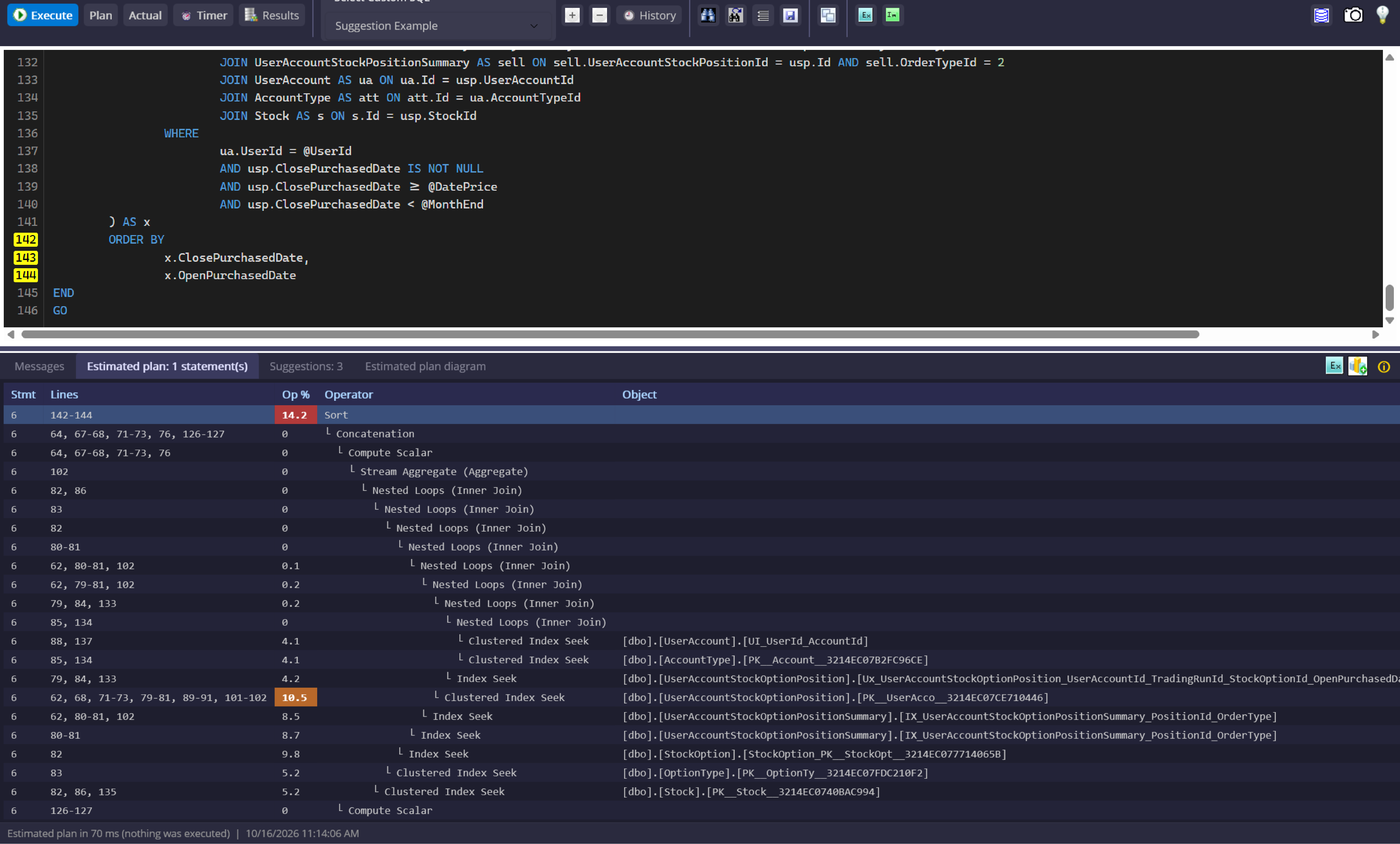 Query Window showing plan suggestions with estimated cost impact and proposed index SQL