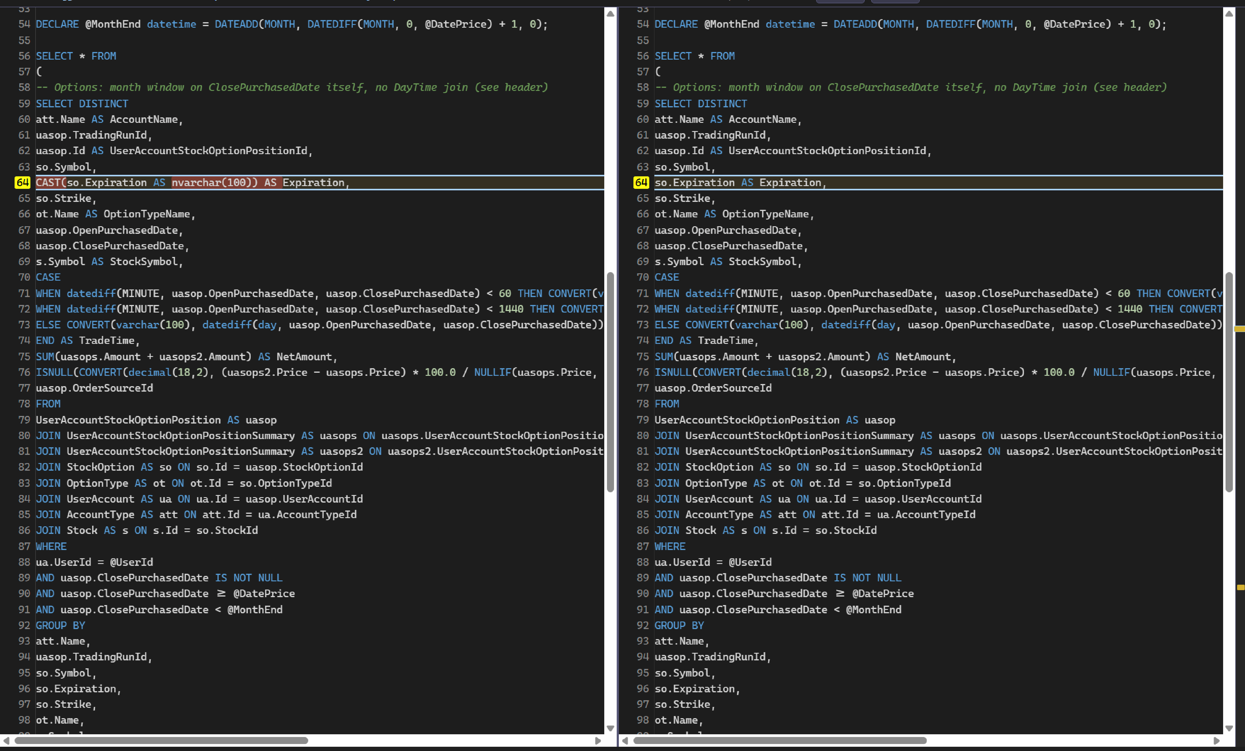 Original and rewritten SQL displayed side by side with changed lines highlighted