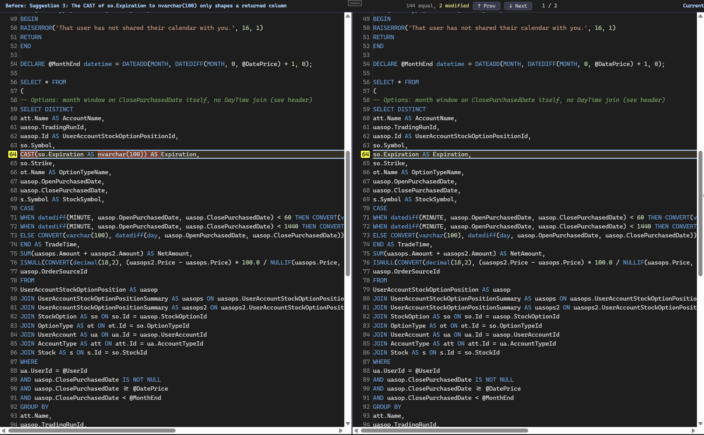 Side-by-side SQL comparison showing the original query and a suggested rewrite