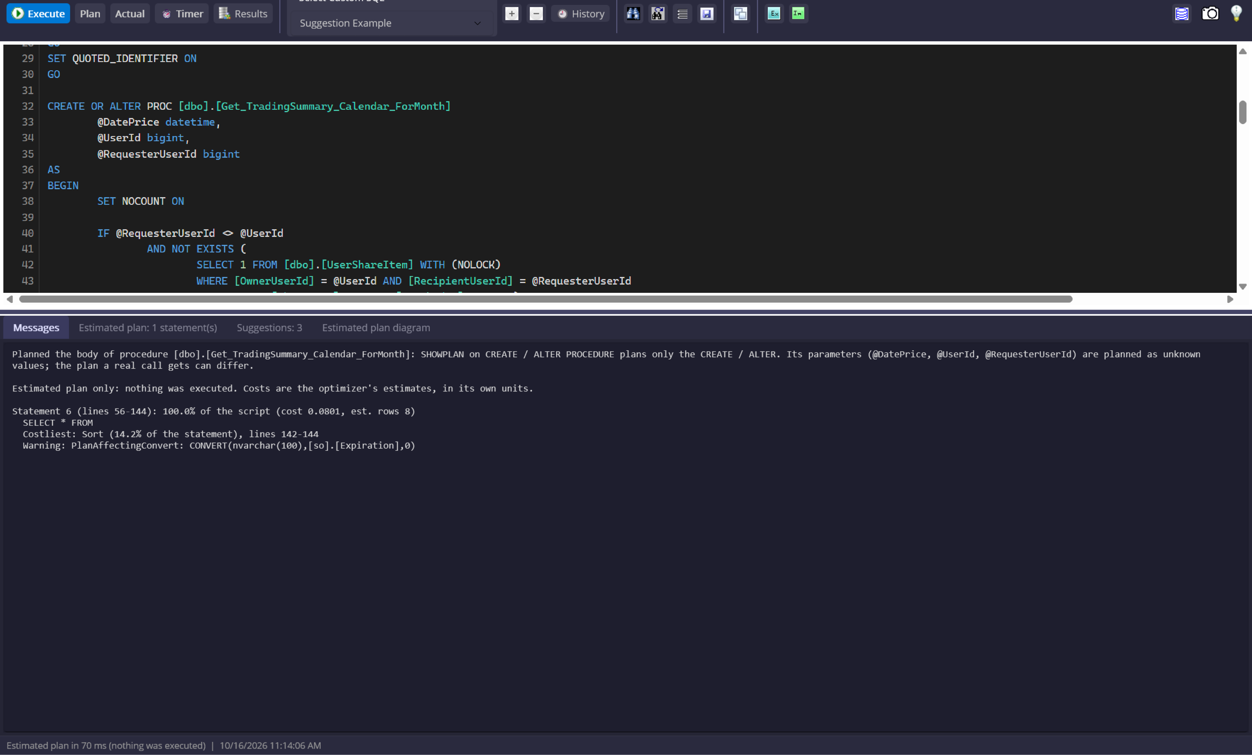 Query Window overview showing Execute, Plan, Actual, Timer, Results, history, and analysis tools