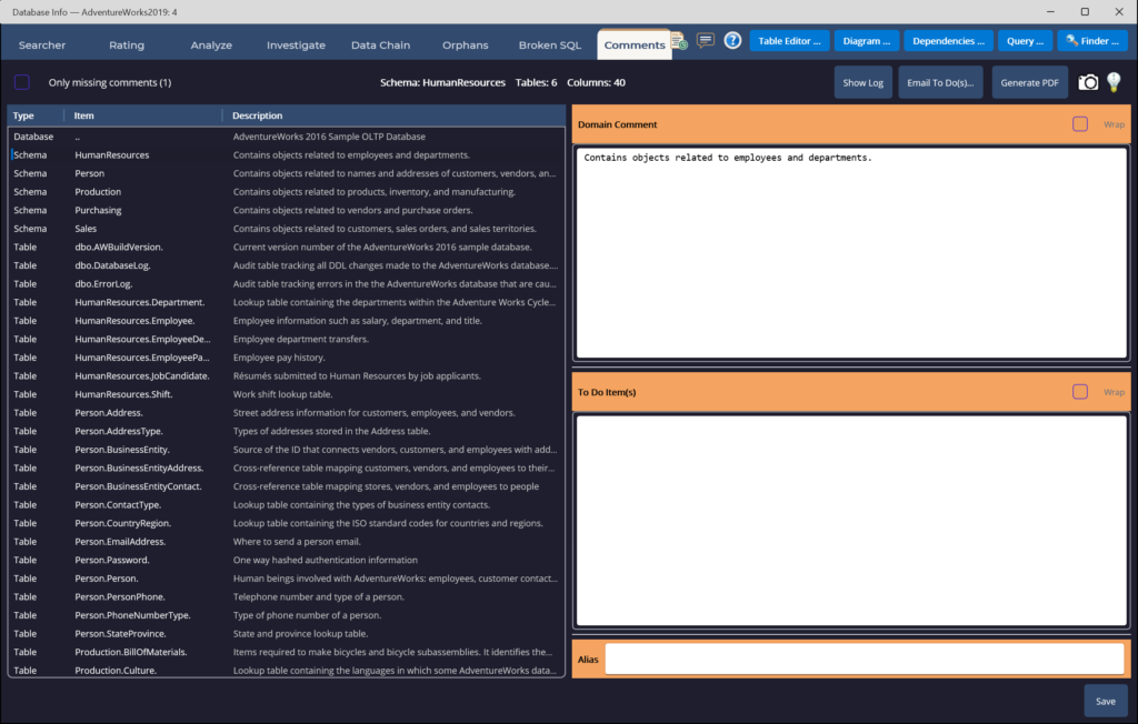 Comments workspace managing extended-property documentation