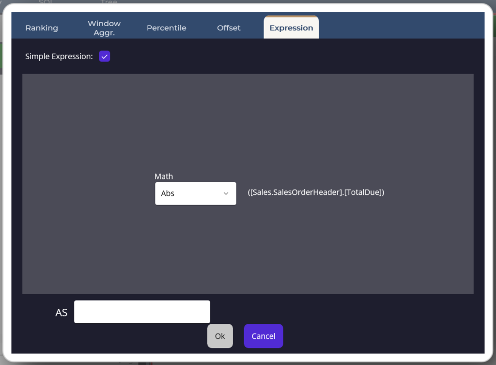 Expression editor with a free-form formula mapping placeholders to columns