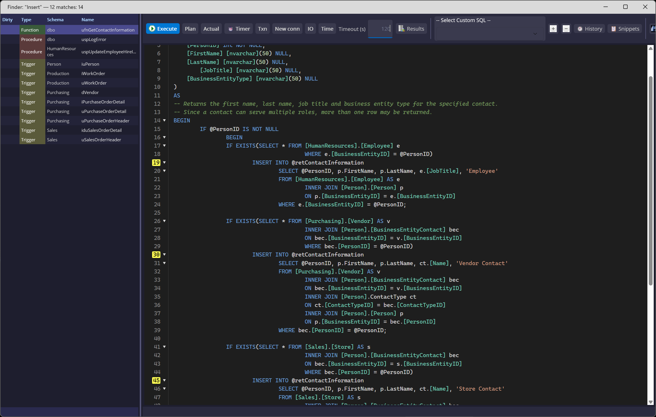 Finder results for matching SQL text, with object names and matching source lines open in the editor