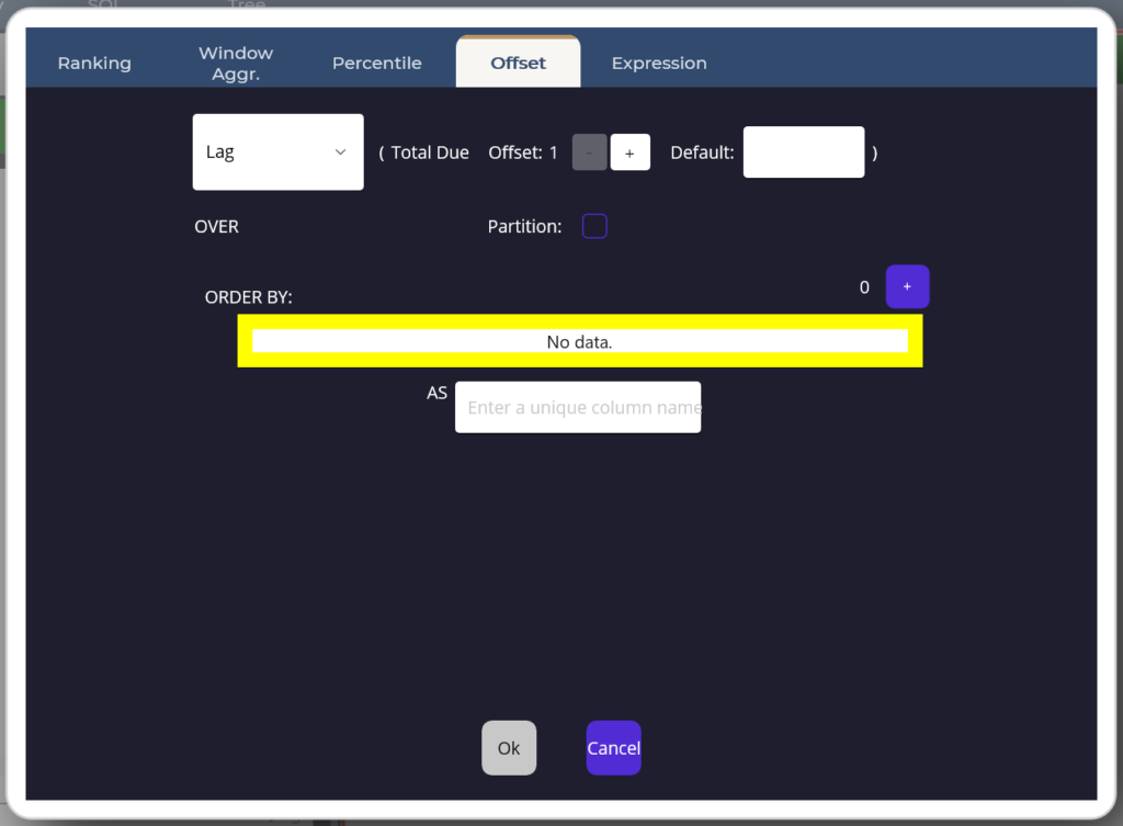 Offset editor building a LAG window function