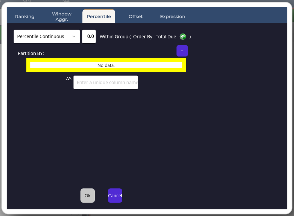 Percentile editor building PERCENTILE_CONT within an ordered group