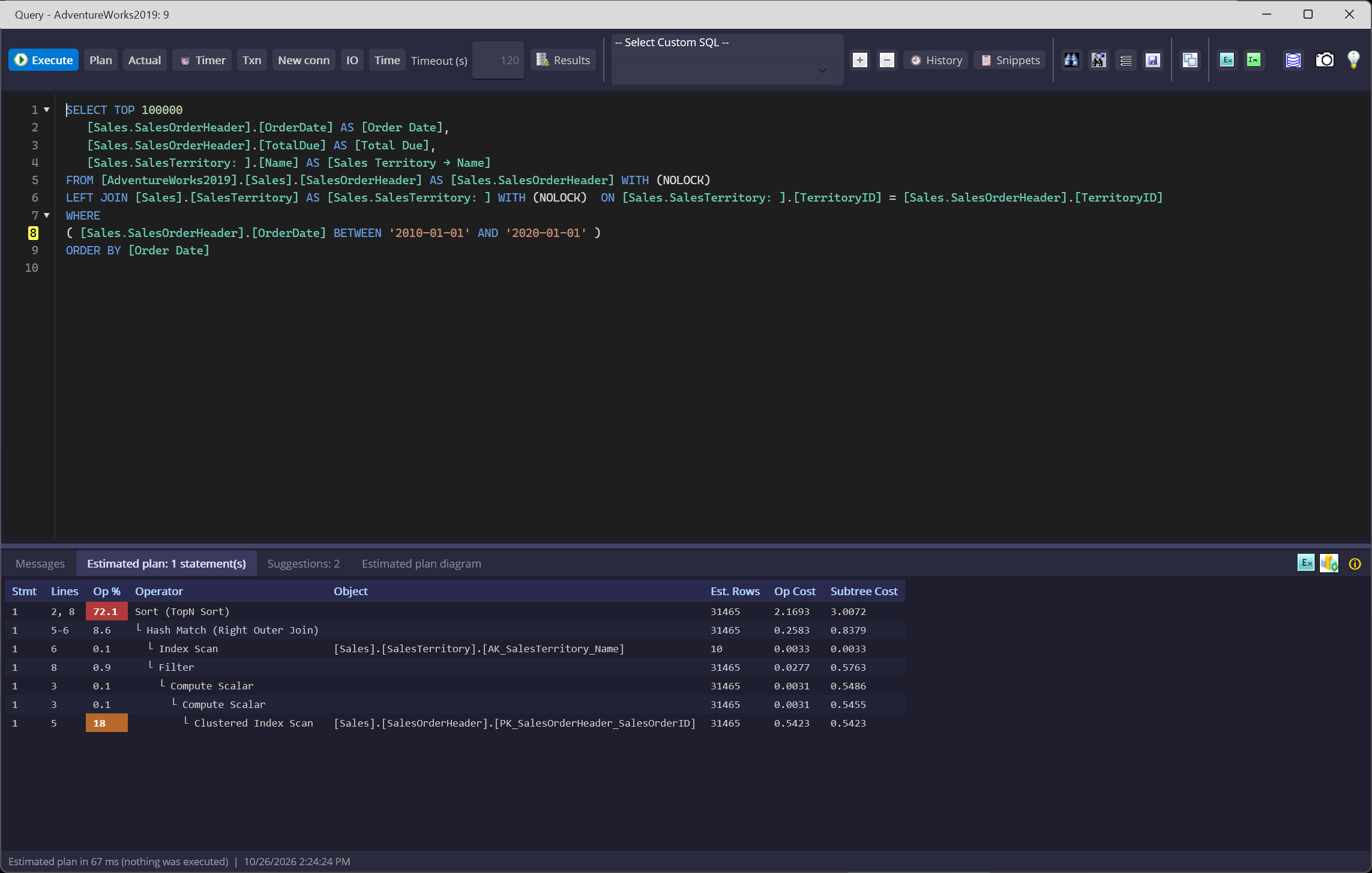 Estimated plan operators and costs compiled without executing the SQL