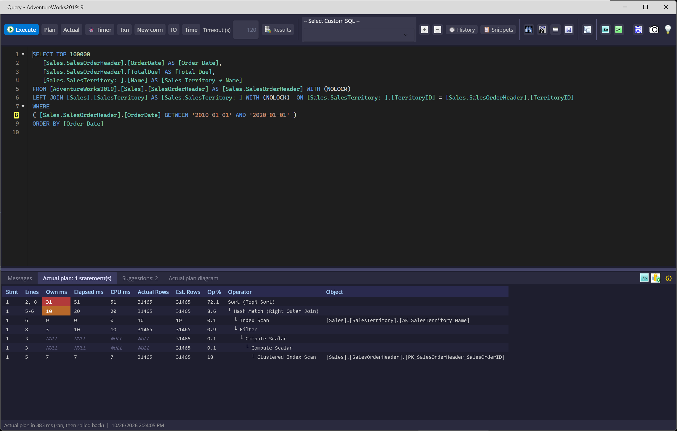 Actual plan results with measured CPU, elapsed time, actual rows, and operator costs