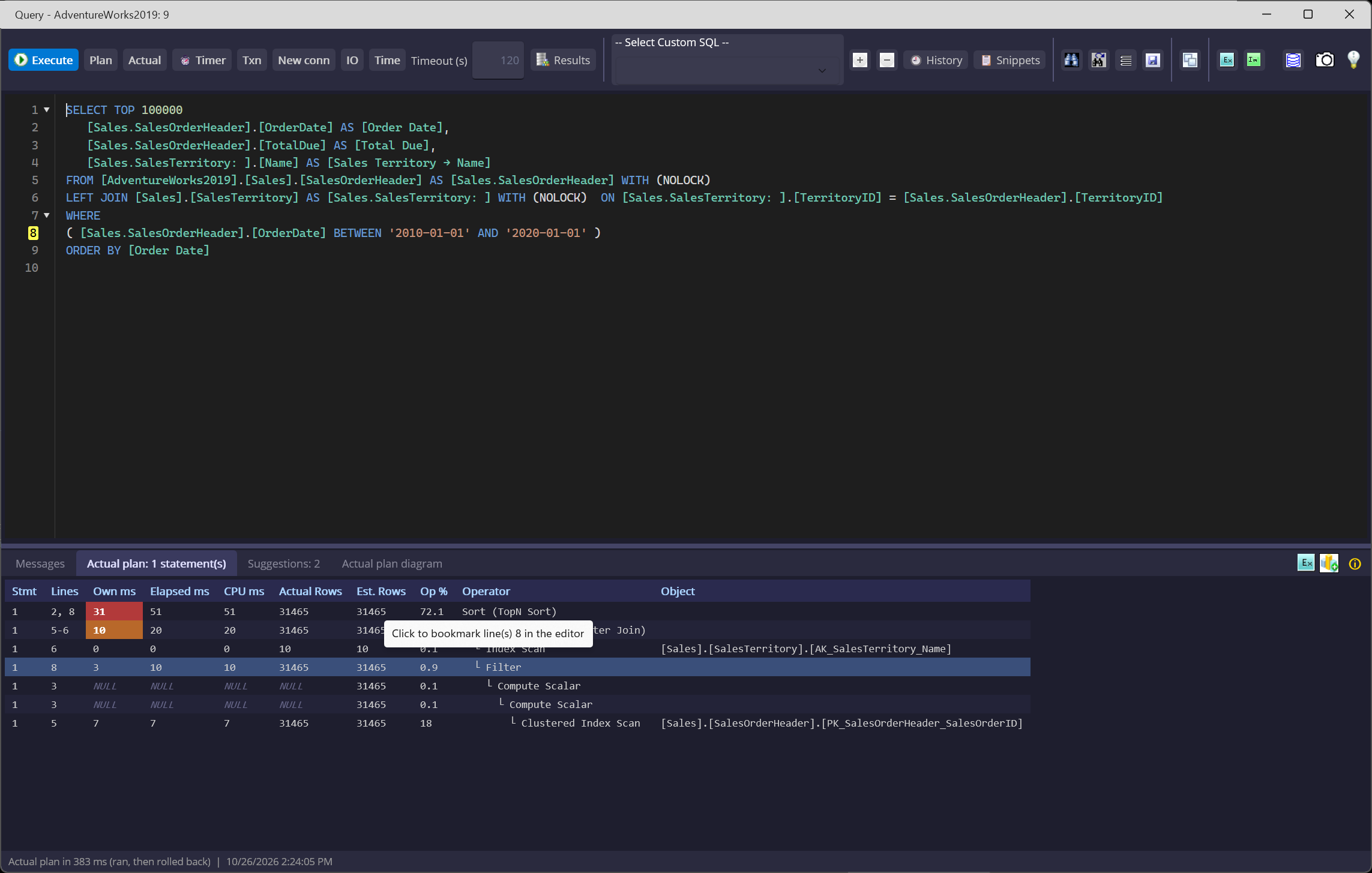 Selecting an actual-plan operator highlights the corresponding SQL lines in the editor