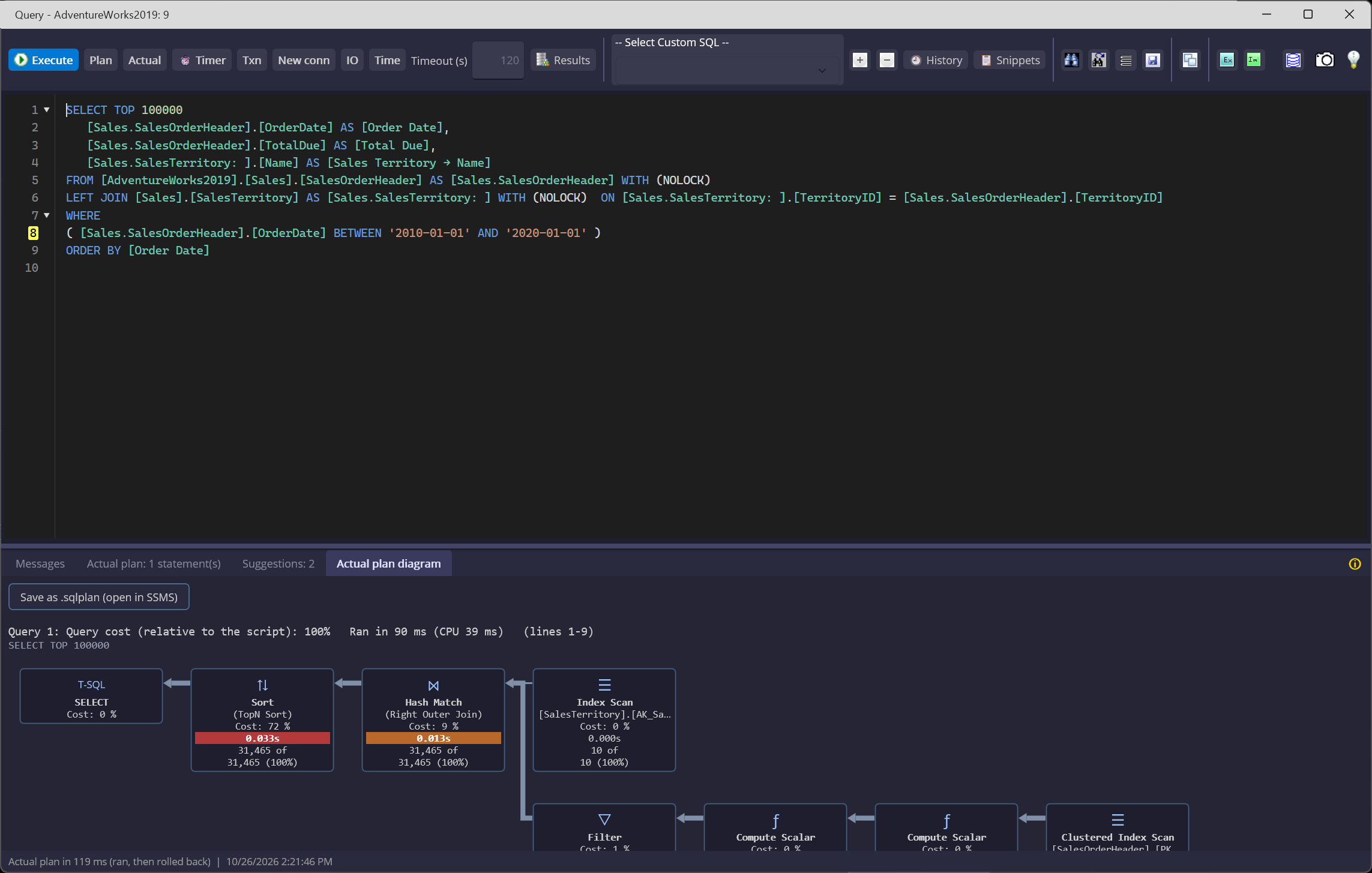 Graphical actual execution plan showing SQL Server operators, timing, and row counts
