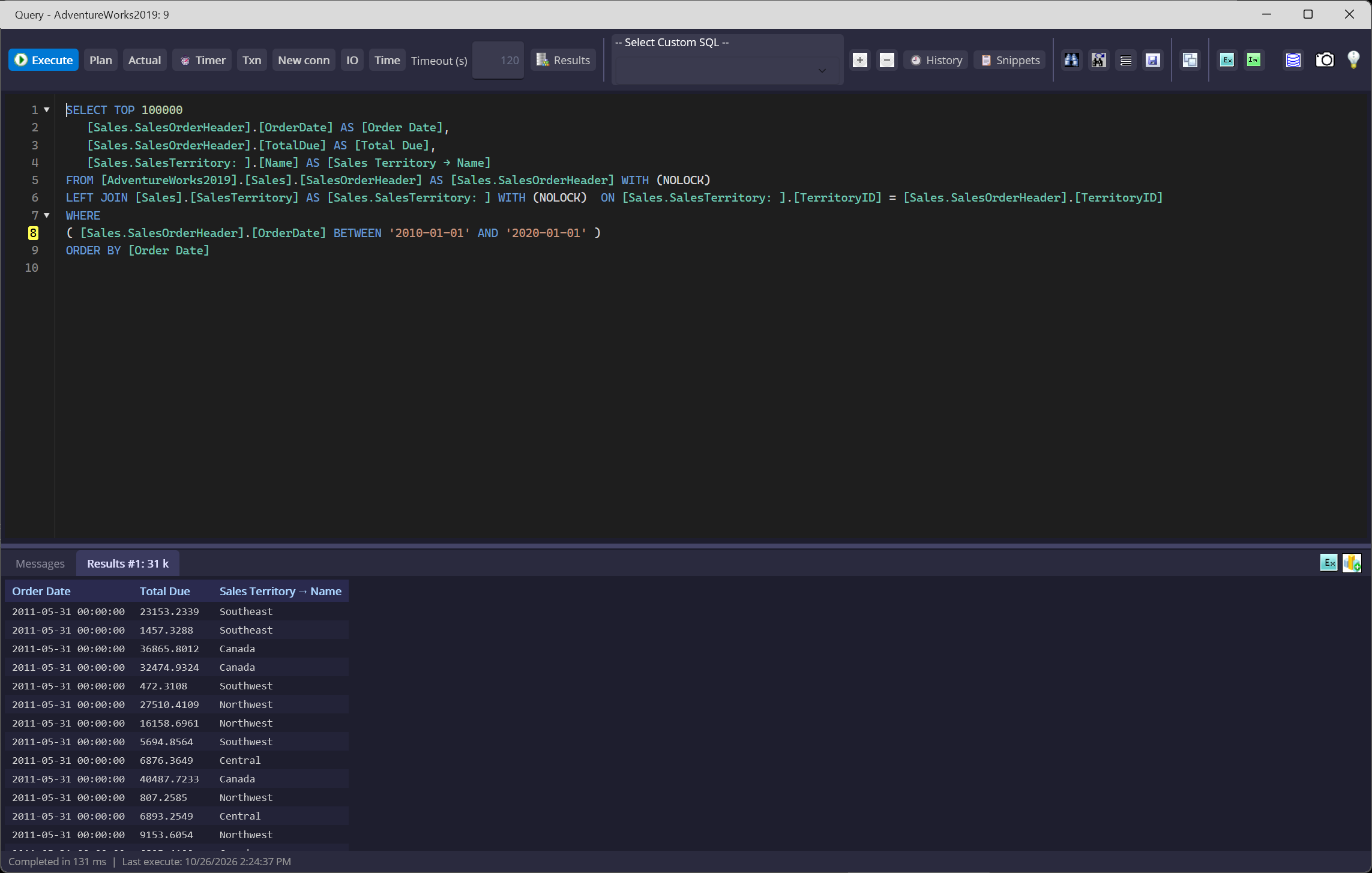 Query Window showing a SQL script editor, Execute, Plan, Actual and Results views, and returned rows