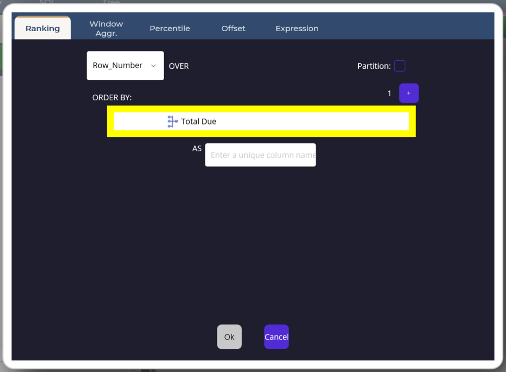 Ranking editor building a ROW_NUMBER window function