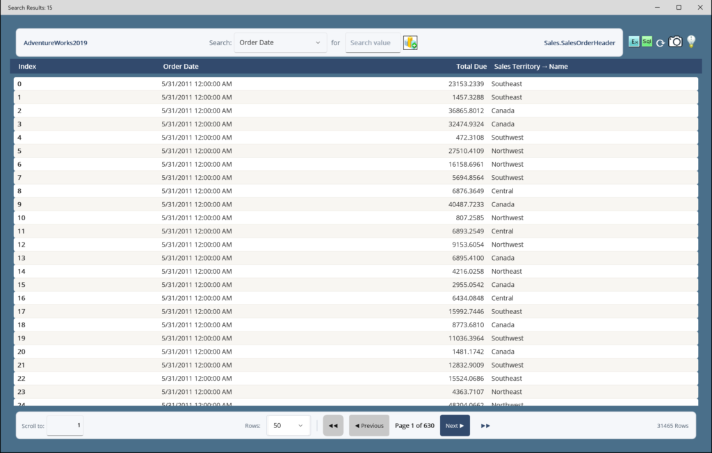Searcher results grid with thousands of matched rows