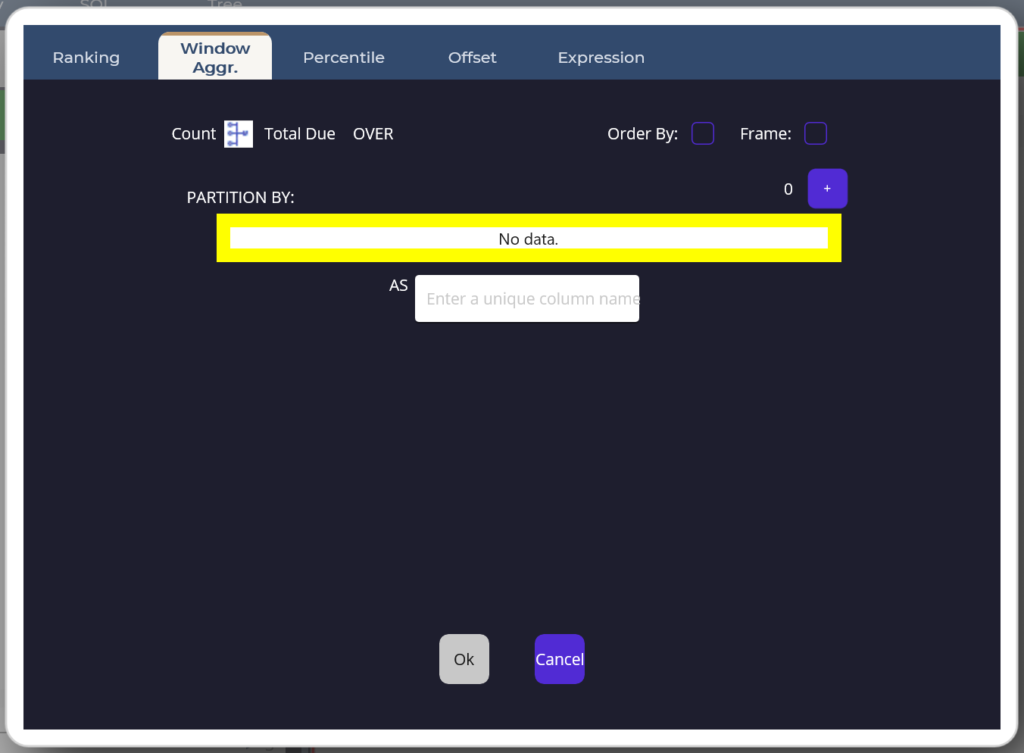 Window Aggregate editor building SUM OVER a partition